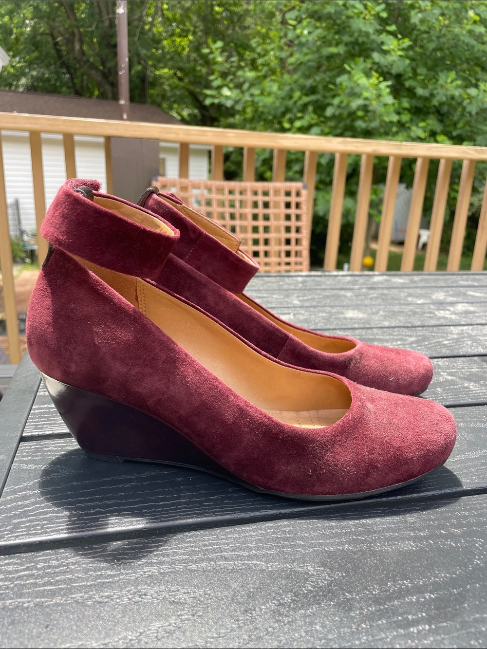 Clarks Burgundy Suede Ankle-Strap Wedge Heels